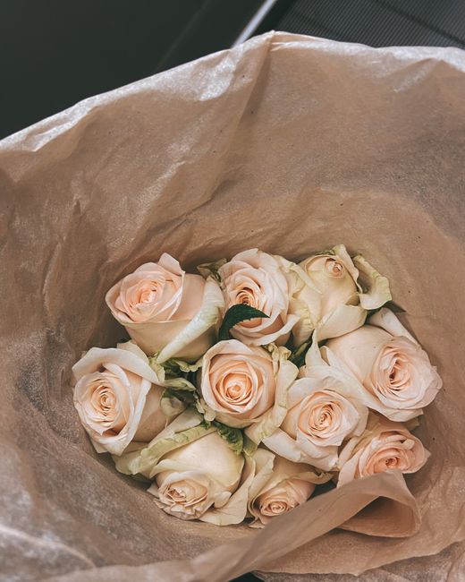 A bouquet of nine pale peach to cream-colored roses with delicate, tightly-packed petals, arranged in a spiral formation. The roses are wrapped in light brown parchment paper, which has a slightly cri