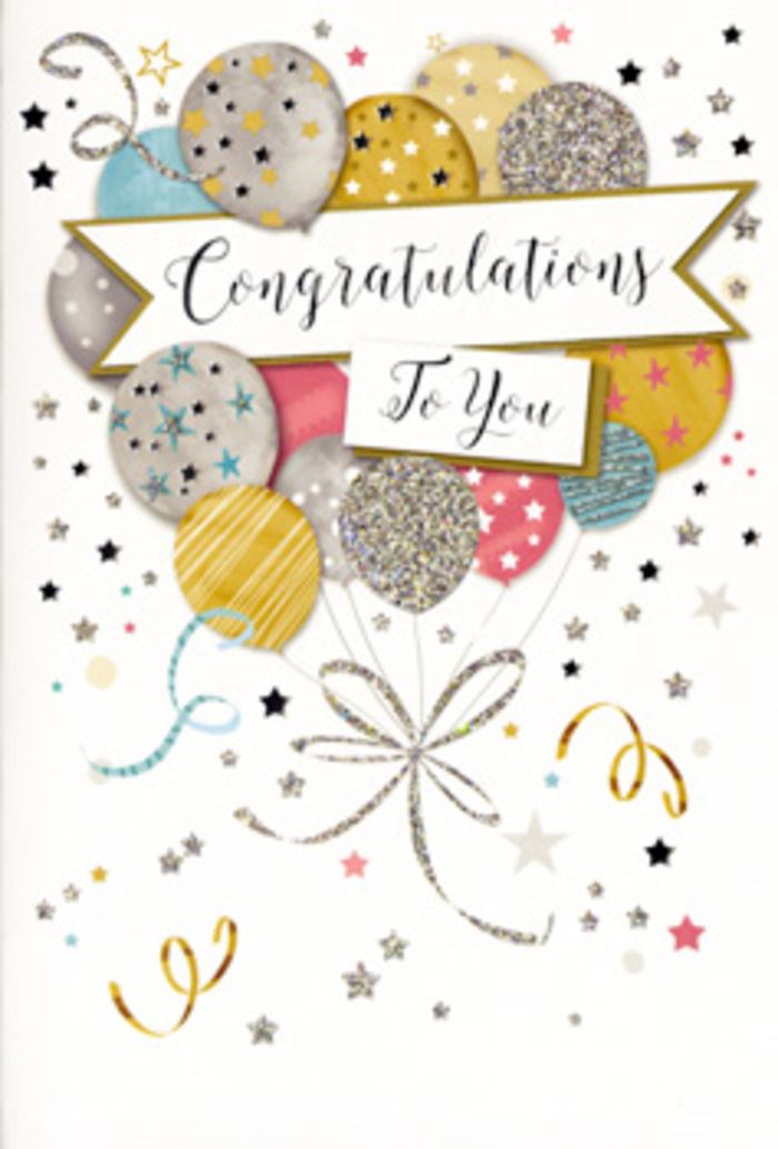 In this image, the congratulations card has been designed with the same care and balance a florist brings to arranging blooms for Weybridge families. A generous group of balloons forms the focal point, rising from the lower part of the card in a loose cluster that draws the eye upward. Their round forms overlap in a pleasing pattern, each balloon painted in a soft metallic-inspired hue-champagne gold, sleek silver, dusky rose-pink, gentle sky blue, and muted grey-creating a harmonious, almost boutique-like colour story. Details bring these balloons to life: some are scattered with shimmering star motifs, others ringed with slim, elegant stripes or brushed with a dusting of fine glitter, as if lit by evening light from a window near Church Street. Delicate curling ribbons in gold and silver extend from the balloon bases, their flowing curves mimicking the graceful movement of curling ribbon tied around a bouquet stem. They weave among tiny stars, dots, and confetti-like flecks that float across a soft, light background, suggesting joy that has burst into the air and then been gently paused on paper. Across the centre of the image, a decorative banner sweeps from side to side, its ends slightly curled, holding the words Congratulations To You in refined, cursive lettering. The writing is bold enough to be the message's anchor yet still gentle and welcoming. The entire composition speaks of understated celebration-a perfect companion to fresh flowers delivered locally when marking exam results, new jobs, or special achievements in and around Weybridge, from Oatlands to Brooklands. It feels like an elegant nod of recognition, conveying admiration and genuine delight.