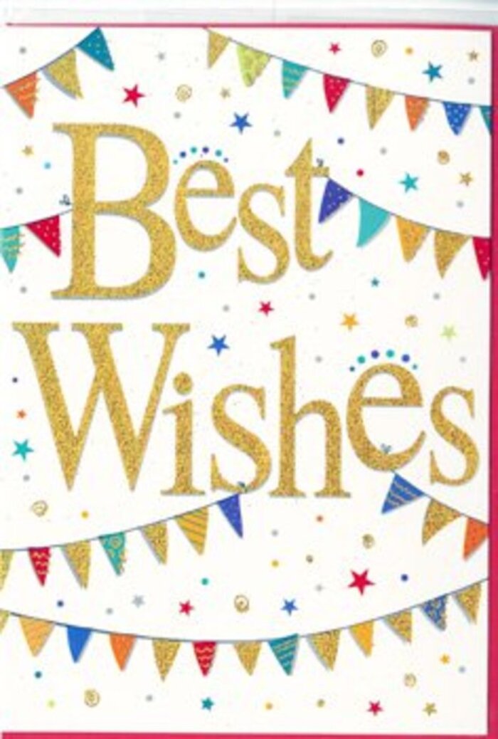 A beautifully composed congratulations card sits against a pure white backdrop, carrying the gentle excitement of good news shared across Weybridge. At its core, the phrase Best Wishes is written in sweeping golden script, embossed slightly so the letters rise from the surface with a tactile quality. The gold is delicately glittered, glowing softly as though touched by evening light filtering through trees along the Thames Path. The curves of the script feel warm and personal, like an inscription carefully written inside a cherished greeting card. Radiating from this central message, strands of bunting stretch across the top and bottom, forming loose arcs that introduce movement and joy. Each small triangular flag is painted in vibrant, jewel-like colours-emerald, sapphire, ruby, and amethyst tones-interspersed with softer pastel blues, pinks, and yellows. Some flags are decorated with tiny stripes or dots, others left as pure blocks of colour, creating variety without overwhelming the eye. Between these arcs, tiny stars and round confetti dots scatter freely across the white background, echoing the look of festive decorations caught mid-sway at a celebration in an Oatlands garden or a family gathering near Church Street. The design balances playfulness with elegance, making it ideal for many happy occasions: a graduation, a new chapter in life, or a well-deserved achievement. It's easy to imagine this card accompanying a same-day flower delivery from Flower Delivery Weybridge, slipped among the stems as a golden, sparkling note of encouragement and pride. The overall mood is bright but not brash, conveying genuine warmth, positivity, and the simple joy of saying, I'm rooting for you.