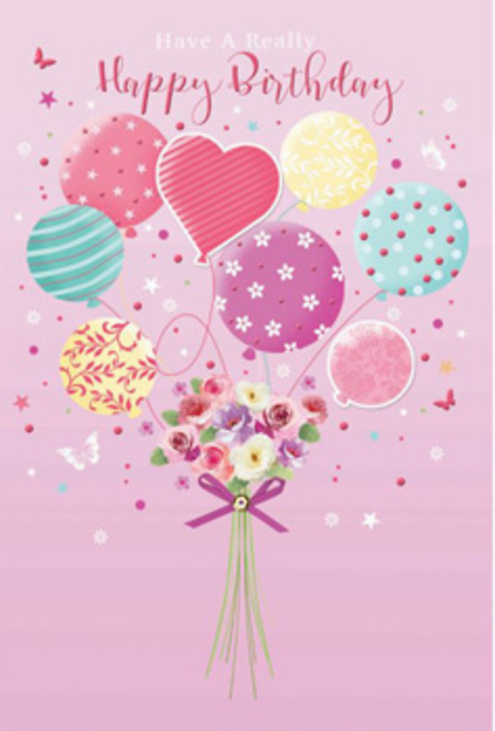 There is a sense of gentle jubilation in this floral birthday illustration, as if a quiet party is about to begin in a sunlit Weybridge kitchen. The background is a soft, inviting pink that lets the pastel balloons and flowers shine. Rising from the centre, balloons in pale sunshine yellow, rosy fuchsia, and lavender seem to lift an entire little garden of blooms into the air. Some balloons are adorned with fine stripes that curve like flowing ribbons, others with dots that dance across the surface, and a few with airy, swirling motifs that add a dreamy, hand-drawn feel. Their glossy, rounded forms overlap as though caught just above a birthday table, reflecting imagined daylight streaming in from a window overlooking the leafy streets near Church Lane or Oatlands. At the base of the ribbons, a delicate hand-tied bouquet rests, composed of petite roses and daisy-like blossoms. The petals are shaded from creamy white through soft blush to deeper rose, as if kissed by early morning light. Their textures feel velvety and layered, suggesting the attentive touch of a florist who understands how each flower opens and curves. A rich purple bow gathers the stems into a neat cluster, grounding the airy balloons with a note of elegant colour. Hovering around the arrangement are whimsical butterflies and tiny star-shaped accents, as if caught in a gentle breeze or settling after a toss of confetti. The artwork captures a feeling of being cherished and celebrated, like receiving a thoughtfully chosen birthday card in Weybridge that brings both beauty and a sense of being truly remembered.