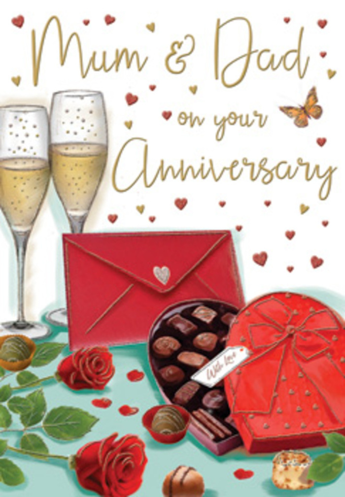 This romantic anniversary card illustration looks as though someone in Weybridge has carefully set the scene for a heartfelt family celebration. At the heart of the picture, two full-bodied red roses lie on a smooth surface, their petals rendered with intricate shading that suggests softness and depth, just like a premium florist's selection for a milestone anniversary. Lush green leaves curl naturally around them, adding contrast and a sense of vitality, evoking memories of gardens and tree-lined streets near the River Thames. To one side, an open heart-shaped chocolate box invites indulgence, its interior softly lit to show each individual chocolate resting in its own compartment, while a luxurious red bow flows across the lid like satin. Just behind these treats, two tall champagne flutes stand close together, filled almost to the brim with pale golden champagne; delicate bubbles catch the light and rise in shimmering lines, hinting at the moment they will meet in a gentle clink. Tiny crimson and gold hearts float across the background, framing loving words for Mum & Dad and creating a sense of movement and joy. A bright scarlet envelope lies placed purposefully nearby, suggesting a card within the card-perhaps a note written by children or grandchildren, composed at a table overlooking Weybridge Green or Brooklands. The entire composition is wrapped in warm, ambient light, reflecting off the glass, chocolate, and ribbon, and enriching the red and gold tones. As a florist who often sees anniversary gifts paired with flowers delivered locally, I imagine this card resting beside a vase of fresh blooms in a Weybridge living room, a visual reminder of shared stories, laughter, and the comforting rhythm of long-lasting love.