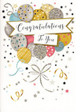 The congratulations card here captures the joy of a special moment with the grace and ease of a well-planned celebration in Weybridge. At the centre, a bouquet-like cluster of illustrated balloons floats upwards, their rounded silhouettes overlapping in a way that adds depth and a sense of calm movement. Each balloon is coloured in sophisticated, gentle tones-muted gold and silver, soft champagne, pastel blue, blush pink, and quiet grey-decorated with fine patterns that suggest shimmer without overwhelming the eye. Some balloons glint with scattered stars, others show delicate stripes or a subtle glitter sheen, as if reflecting the soft light of a dining room ready for guests in Oatlands or St George's Hill. Slender metallic ribbons extend from the base of the balloons, drawn in meandering loops of gold and silver that trail toward the bottom edge of the card. Around them, tiny stars, dots, and swirling motifs drift across a pale background, capturing the feeling of confetti and party streamers hanging mid-air at the exact height of the celebration. Across the centre, a ribbon-like banner stretches in a gentle curve, bearing the message Congratulations To You written in elegant, flowing script that feels warm, sincere, and just a little bit formal. The balance of clear space, muted colour, and hints of sparkle gives the design a timeless, uplifting quality. Paired with a fresh bouquet from Flower Delivery Weybridge, this card would be ideal for marking graduations, promotions, or any proud achievement where you want your congratulations to feel beautifully considered and lasting.