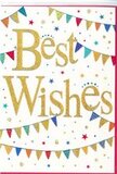 This congratulations card captures the feeling of a joyful announcement, refined enough for any special moment in Weybridge yet brimming with celebratory charm. The central focus is the phrase Best Wishes, written in flowing, calligraphy-style script that has been rendered in luminous gold. The ink is slightly raised and dusted with fine glitter, giving the words a subtle, shifting sparkle reminiscent of light dancing on the river by Weybridge Bridge. The letters sweep gracefully across the card, exuding both confidence and heartfelt warmth. Encircling this message, soft arcs of bunting stretch across the top and bottom of the design. Every small triangular flag brings its own pop of colour-bright reds, royal blues, grassy greens, sunny yellows, and gentle pinks-some adorned with dainty stripes or dots that add texture and interest. These bunting strands feel as if they could be strung above a garden table during a summer celebration in Oatlands or along a quiet street decorated for a neighbourhood party. Dotted between and around the bunting, tiny star shapes and circular confetti marks float freely, suggesting the flicker of sparklers or confetti mid-flight. The white background keeps the overall look fresh and uncluttered, allowing each hue and golden line to stand out clearly. It's the kind of card you'd choose to accompany flowers sent for exam results, a housewarming, or the start of a new job, conveying support, optimism, and heartfelt congratulations through its gentle sparkle and joyful design. The mood is inclusive and uplifting, like a warm cheer shared from one side of Weybridge to the other.