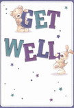 Full of playful energy, this illustrated get well card channels the vibrant, supportive spirit found throughout Weybridge and its leafy surroundings. The scene is set on a fresh, clean paper field-a fluffy teddy bear with a golden, touchable coat and a spirited puppy with luxuriously floppy ears gently cradle and balance the large, charismatic letters of 'Get Well', shaded in jewel-like purples and teals. Scattered all around, starlike blooms in soft violets and aquas twinkle against the pale background, imparting a sense of hope and gentle magic reminiscent of Weybridge evenings under open skies. The palpable softness of the bear and puppy, with their expressive, inviting faces, makes the illustration feel almost huggable-echoing the tangible comfort of receiving flowers from a local High Street florist. Every element, from the playful silhouettes to the celebratory font, emanates optimism and warmth, wrapping the recipient in a message of encouragement and friendly reassurance as heartfelt as a hand-tied bouquet delivered anywhere in Weybridge.