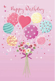 This whimsical birthday card design seems to bottle the light-hearted spirit of a celebration in Weybridge, where balloons, flowers, and a touch of magic all come together. A soft pink background sets a romantic stage for pastel balloons that float upward with joyful ease. Each balloon shows a distinct personality: some twist with candy-coloured stripes, others bloom with playful polka dots, while a tender heart-shaped balloon at the centre radiates affection in delicate shades of pink and lilac. The balloons' surfaces are smooth and slightly reflective, catching an imagined soft glow like that of candles on a birthday cake in a cosy riverside home. Below the balloons, a charming bouquet gathers at the base, full of delicate roses and anemone-like blossoms in creamy ivory, blush pink, and muted mauve. The petals appear feathery and soft, layered as if carefully arranged by an experienced local florist who understands colour harmony and texture. A violet satin bow ties the stems into a tidy cluster, its sheen echoing the gloss of the balloons above. Around the composition, tiny stars and fluttering butterfly shapes are scattered like fairy-tale confetti, adding a sense of wonder, much like the peaceful charm you feel walking through the residential streets near Monument Green. The entire image feels airy, sweet, and perfectly festive, capturing the essence of a birthday greeting chosen with care in Weybridge-something that would make the recipient smile, feel adored, and remember the moment long after the day has passed.