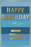 A beautifully balanced birthday card stands as if ready to accompany a hand-tied bouquet in a Weybridge home, its design marrying cool blues with warm metallics in a way that feels both calming and festive. The entire front of the card is structured in broad horizontal bands of blue, moving steadily from a deep navy base through softer denim and slate shades, then into lighter teal and sky-blue hues near the top. This gradual transition creates a smooth ombre, like watching the sky lighten over the river path at first light. Centered over these soothing stripes, the words HAPPY BIRTHDAY are rendered in bold, uppercase gold lettering. The letters are embossed, giving them a gentle relief you could feel with your fingertips, and their metallic finish gleams softly as it catches the light, adding a touch of celebration without overwhelming the eye. Just below this main message, a delicate gold flourish unfurls, its symmetrical curls reminiscent of classic calligraphy flourishes seen on traditional stationery. Underneath, three slender gold ribbons are positioned one beneath the other, each forming a separate banner that together read: Relax, have a great day and enjoy! Their message echoes the mood of the card-encouraging ease, pleasure, and a moment to pause. A narrow gold border frames the card, tying every element into a cohesive whole. The surface of the card appears smooth with a velvety matte finish on the blues, contrasted by the slight texture and shine of the gold detailing. You might picture this card placed on a mantle in Oatlands or near Queens Road, its gentle shimmer catching afternoon light and lending a quiet, thoughtful elegance to a birthday celebration.