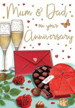 The scene on this anniversary card feels like a small, tender celebration arranged on a Weybridge sideboard, designed especially for devoted parents. In the centre, two deep red roses, lush and velvety, lie side by side with their green leaves gently splayed, echoing the look and feel of a freshly cut floral arrangement just brought in from a local florist. Next to them, an open heart-shaped box reveals carefully arranged chocolates, their smooth surfaces catching soft light, while a generous scarlet bow drapes over the lid in a graceful curve that adds drama and elegance. Behind this, two slim champagne flutes rise together, holding sparkling golden champagne with bubbles that seem suspended mid-rise, ready for a toast to years of shared love and memories. Small red and gold hearts drift playfully across the card's background, surrounding handwritten greetings to Mum & Dad and adding a sense of movement and affectionate energy. A bold red envelope rests nearby on the table, neatly closed as if guarding a handwritten note of gratitude or a simple Happy Anniversary, perhaps written in a home off Queens Road or near Oatlands Park. The lighting is warm and inviting, casting gentle reflections on the glass and intensifying the rich scarlet and gold palette, giving the whole scene a cosy, evening-at-home atmosphere. As someone who often creates anniversary bouquets for Weybridge families, I can almost imagine the scent of the roses mingling with chocolate and the soft chime of clinking glasses, making this card a perfect accompaniment to fresh anniversary flowers delivered across Weybridge and the surrounding Surrey neighbourhoods.